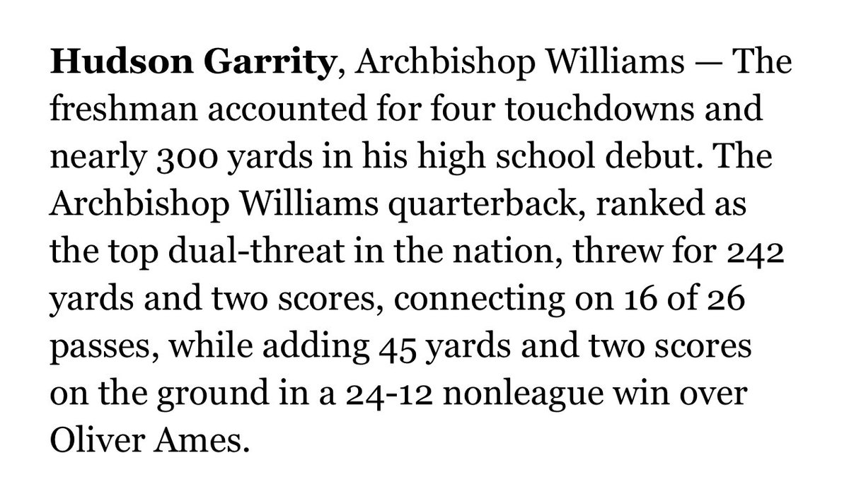 Mass Elite Football (@masselitefb) on Twitter photo Congrats to Mass Elite 8th grader who played his first HS game for Archbishop Williams.  He lit it upπ₯πͺ He is the real deal! <a href="/HudsonGarrity/">Hudson Garrity | Under Armour All-American</a> <a href="/PJRydt/">PJ Vande Rydt</a> <a href="/FBU_NC/">FBUNC.com</a> <a href="/FBUAllAmerican/">#FBUAllAmerican</a> Congrats to Mass Elite 8th grader who played his first HS game for Archbishop Williams.  He lit it upπ₯πͺ He is the real deal! <a href="/HudsonGarrity/">Hudson Garrity | Under Armour All-American</a> <a href="/PJRydt/">PJ Vande Rydt</a> <a href="/FBU_NC/">FBUNC.com</a> <a href="/FBUAllAmerican/">#FBUAllAmerican</a>