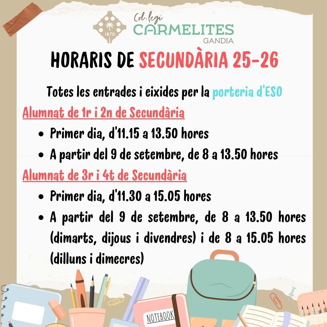 Benvingudes famílies!
Comencem un nou curs ple d’energia i il·lusió .
Ací teniu tota la info sobre els horaris.
No vos ho perdeu! 
¡Bienvenidas familias!
Empezamos un nuevo curso lleno de energía e ilusión ✨.
Aquí tenéis toda la info sobre los horarios ⏰🎒.
¡No os lo perdáis!