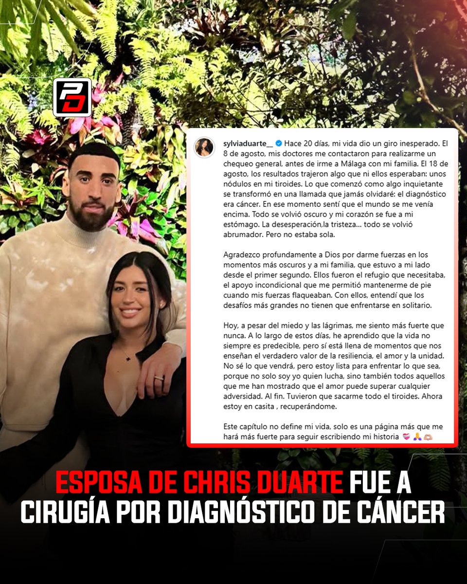 La esposa del jugador dominicano de la NBA, Chris Duarte, anunció que fue diagnosticada con cáncer de tiroides y que ya fue sometida a una cirugía para extirparlo. En un emotivo mensaje, relató cómo recibió la noticia, agradeció el apoyo  y aseguró estar recuperándose en casa.