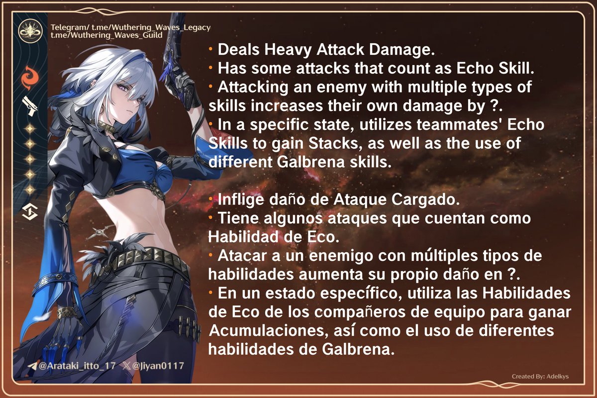 Galbrena Kit Summary (It appears their kit is currently incomplete)

Resumen del Kit de Galbrena ( Al parecer su kit está incompleto actualmente )

Follow Me: t.me/Wuthering_Wave…

#WutheringWaves #ユーノ #Iuno #Wutherig_waves #鳴潮 #Augusta #Lupa #弗洛洛 #Phrolova #オーガスタ