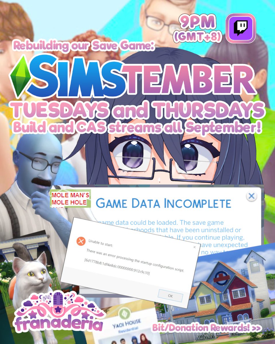 franaderia's tweet photo. Heyya! We're having a
🔹🔶#SIMStember #Bitathon!🔶🔹
Tuesdays and Thursdays this month will be dedicated to #sims4 Build and CAS streams, in an attempt to rebuild my corrupted OG Save File!
Get a chance to be in my town (as an NPC)! :D
#vtuber #phvtuber https://t.co/bWH1L8fU9f