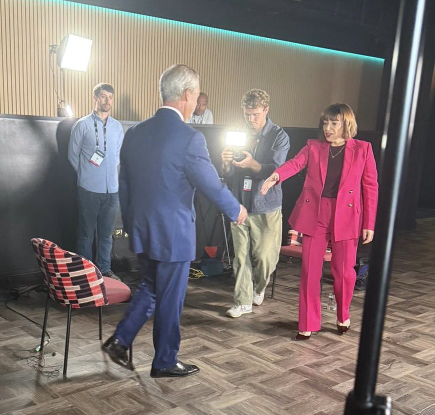 BethRigby's tweet photo. Newsy interview with @Nigel_Farage at Reform conference 

- Changing line on women again. Farage now says those who arrive from Afghanistan will be deported back to Taliban
- Big chunk on migration and Farage doubles down on plans to get return agreements within 100 days of power. But rows back on speech about stopping boats in two weeks of govt and instead says it will be within 2 weeks of passing legislation needed
- Admits he should have re-phrased it when he claimed he had bought a house in Clacton before the election