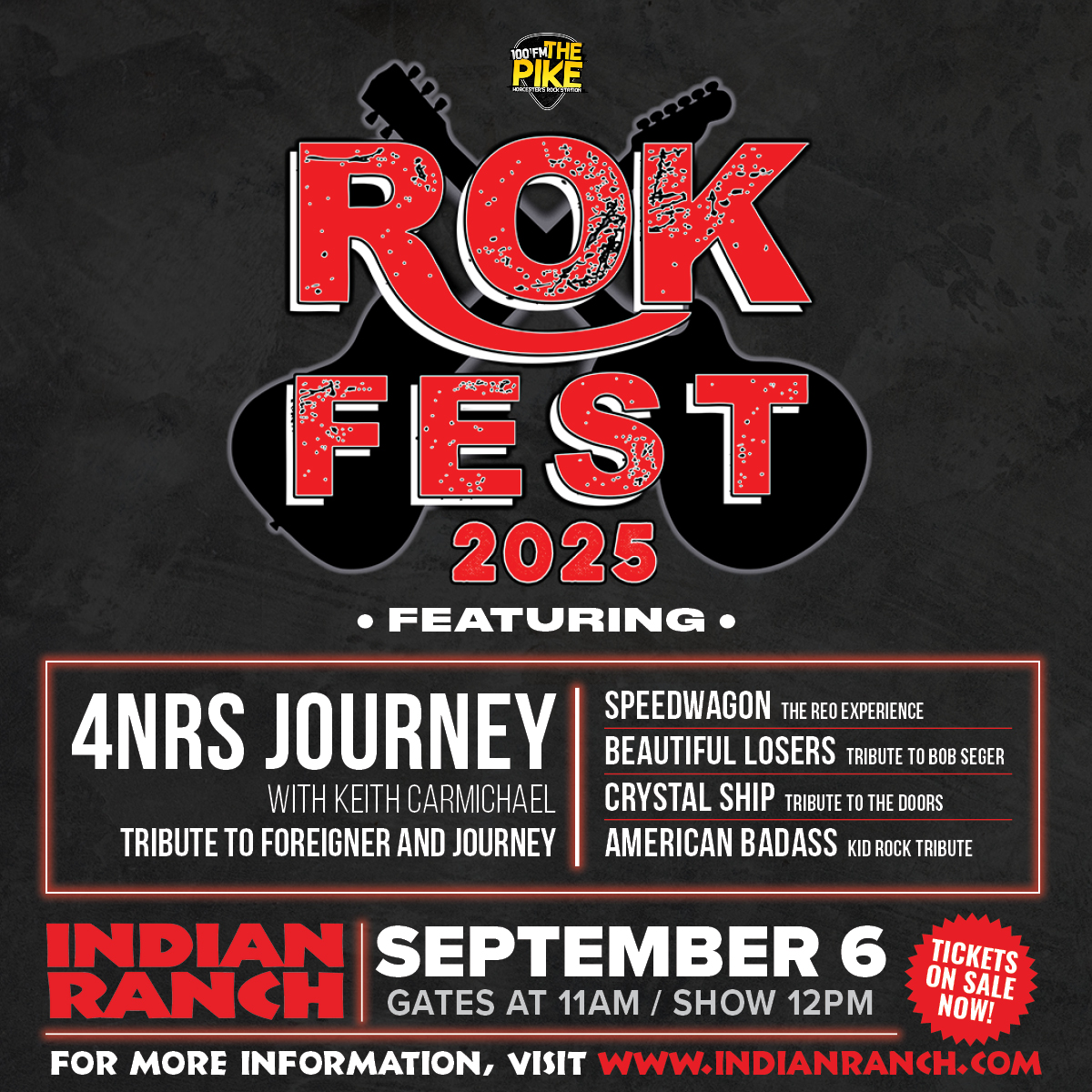 Today at Indian Ranch...The Pike RokFest🎤

Don't miss our final show of the 2025 Concert Season! Buy tickets now at indianranch.com🎫

Schedule (set times subject to change)
- Parking lot opens at 9:30 AM
- Gates open at 11:00 AM
- RokFest kicks off at 12:00 PM