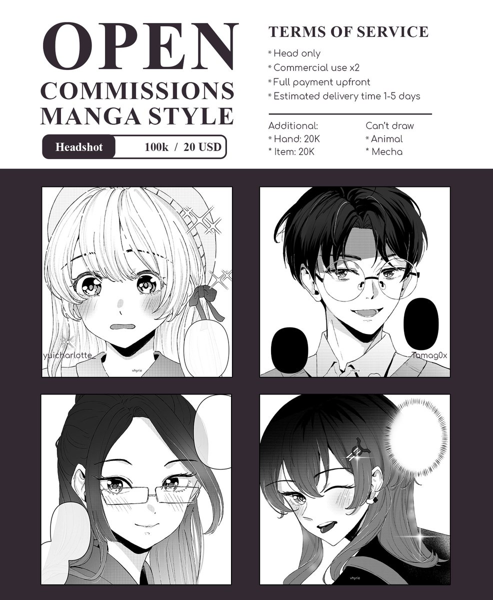 🌸RT’s appreciated 🌸

Open Commissions Manga Style!✒️
Headshot Only  IDR 100K / 20 USD

Request here!
🔗 forms.gle/X8HitojWnbyCKv…

Thank you!

#commissionsopen