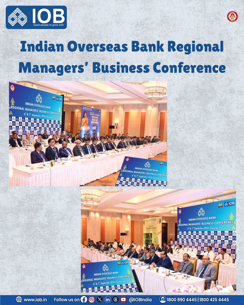 IOBIndia's tweet photo. 🌟 Highlights from the Indian Overseas Bank Regional Managers’ Business Conference – September 6–7, 2025 🏆

Regional Managers achieved the Current Account campaign were recognised and honoured on stage by the top management.

🚀 With renewed energy, we look forward to achieving our September targets and creating stronger milestones ahead.

#IOBConference2025 #SuccessStories #FuturePlans #IOB #IndianOverseasBank #GoodPeopleToGrowWith #DFS #RBI