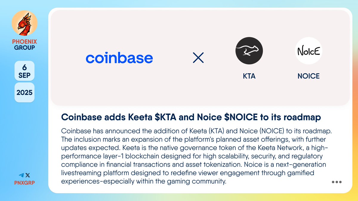 🔥 @coinbase adds @KeetaNetwork $KTA and @noicedotso $NOICE to its roadmap  #Coinbase has announced the addition of Keeta (KTA) and Noice (NOICE) to  its roadmap. The inclusion marks an expansion of the