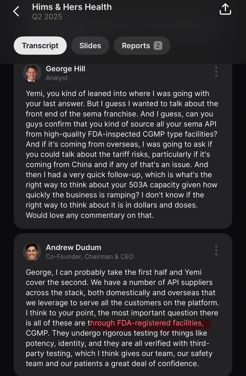 🤯 On $HIMS Q2 call, they confirmed all GLP-1 ingredients come only from FDA-registered, cGMP facilities.

Yesterday, the FDA Green List dropped, making it clear: compounding is here to stay.

Shady compounders get blocked, customers flow to Hims. 

Turns out the FDA was $HIMS