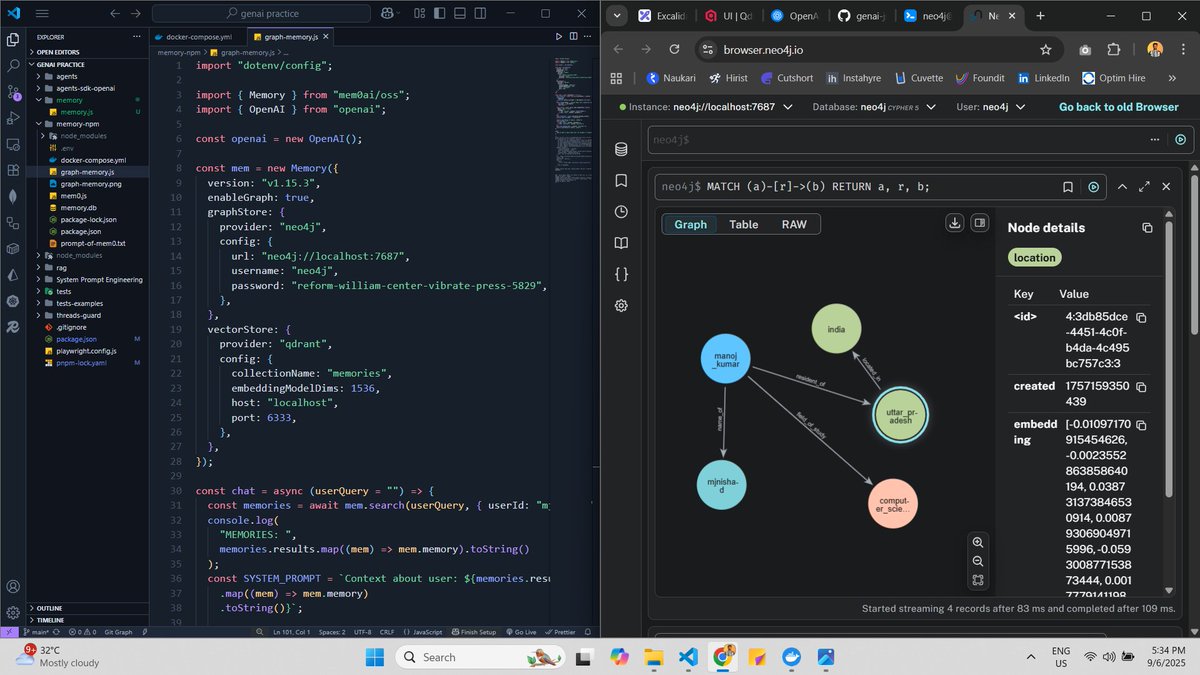 manojofficialmj's tweet image. Today I practiced working with Vector DB, Graph DB, and integrating memory with LLMs @neo4j @mem0ai @qdrant_engine @OpenAI
@Hiteshdotcom @piyushgarg_dev @nirudhuuu @ChaiCodeHQ
#GENAI #CHAIAURCODE