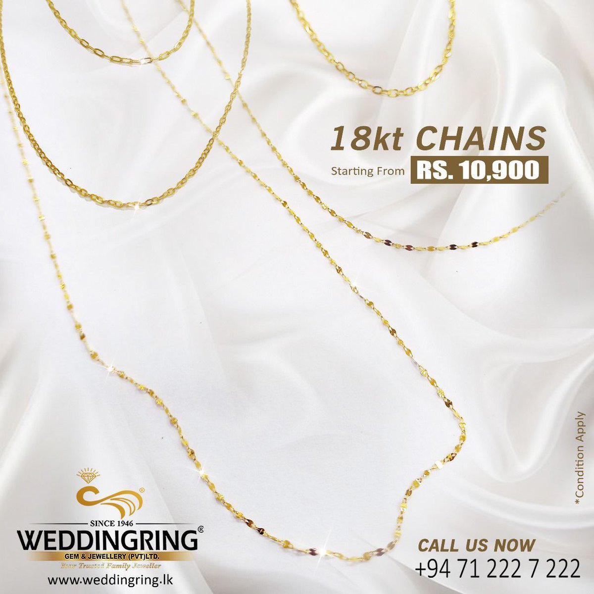 weddingring_gem's tweet image. Discover elegance that fits your budget! ✨  
18kt Gold Chains starting from just *Rs. 10,900*.  
Limited stock – Call now! 📞 +94 71 222 7 222  

#GoldJewellery #18ktGold #WeddingRing #JewelleryLovers #AffordableLuxury #SriLankaBusiness #GoldDeals #LuxuryForLess #GoldChains