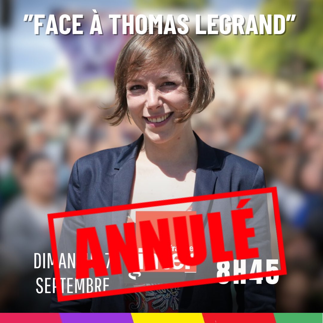 Demain matin je devais débattre face à Thomas Legrand au micro de France Inter sur le thème « la gauche à la veille du vote de confiance ». 

Il devait défendre la position des « compromis nécessaires ».

Pour des raisons indépendantes de ma volonté, l’émission a été annulée 🤷‍♀️