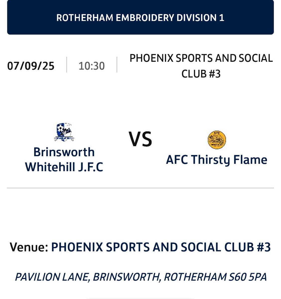 Brinsworth Whitehill Snr (@whitehillsnr) on Twitter photo Tomorrow after a good pre season, sees us kick our season off with us welcoming <a href="/afc_flame/">AFC Thirsty Flame</a> up to the Phoenix, will be great watch get down and support the boys⚽️
🏟️ Phoenix sports and social club
⌚️ KO- 10:30
⚽️🔵⚪️ Tomorrow after a good pre season, sees us kick our season off with us welcoming <a href="/afc_flame/">AFC Thirsty Flame</a> up to the Phoenix, will be great watch get down and support the boys⚽️
🏟️ Phoenix sports and social club
⌚️ KO- 10:30
⚽️🔵⚪️