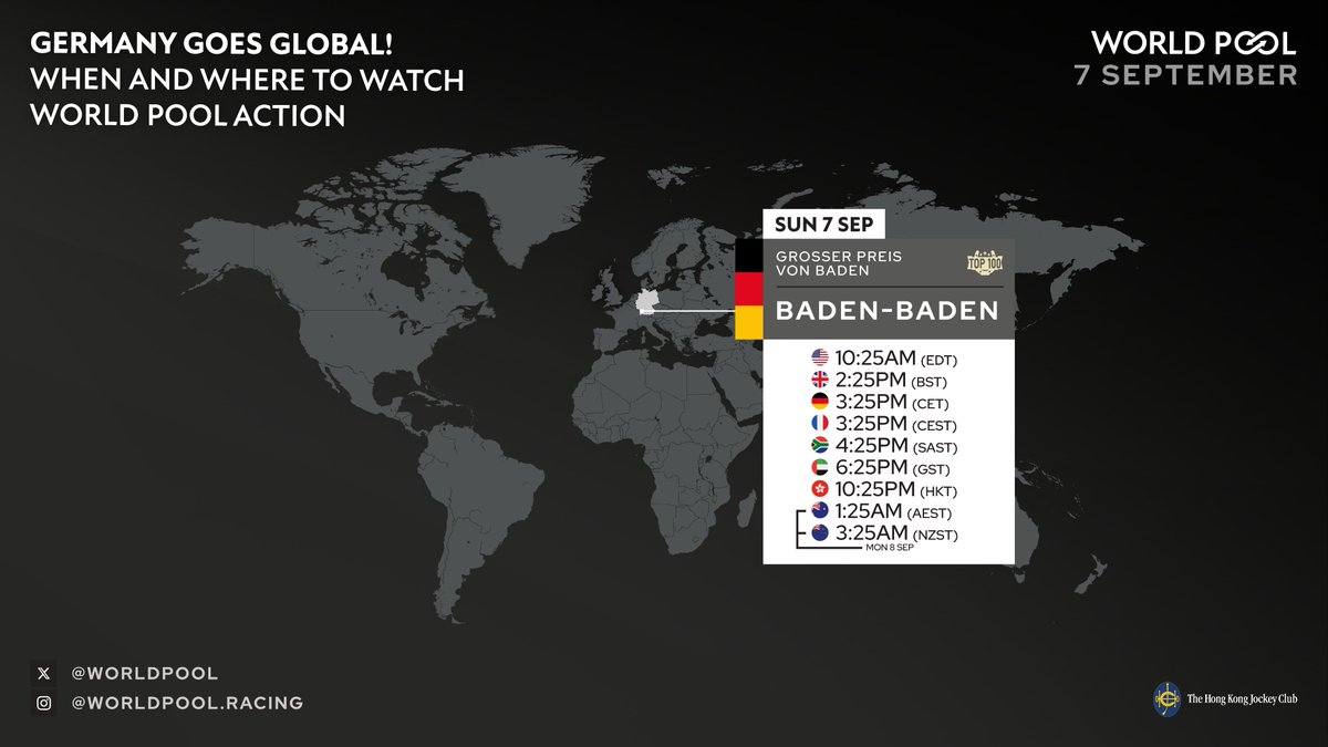 Don't miss the G1 Grosser Preis von Baden this Sunday from Germany! 🇩🇪

Here's when to tune in. 👇 #WorldPool