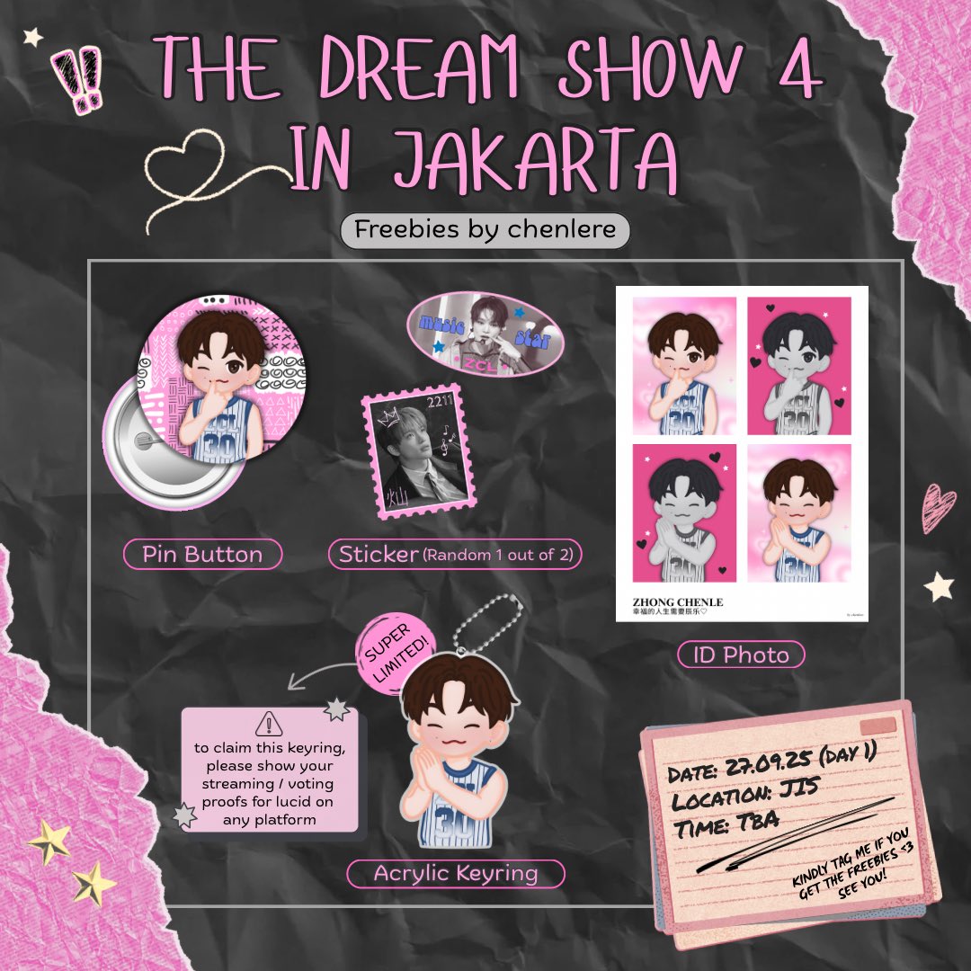 ❝ THE DREAM SHOW 4 IN JKT ❞𓂃ෆ˚
freebies by <a href="/chenlere/">regi 🧁</a> 🎐⋆˚꩜｡

 ⭑.ᐟ 27th sept (day 1)
 ⭑.ᐟ JIS

 ⭑.ᐟ how to claim:
 • rt+like 
• just say ‘hi’ &amp; show me ur chenle related stuff 
• open to trades (dm)

#TDS4INJAKARTA
#NCTDREAM_THEDREAMSHOW4_JAKARTA