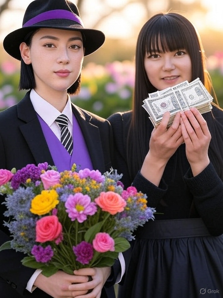 花束と札束で松井愛莉の結婚を祝う喪黒福造になった三吉彩花と中元すず香