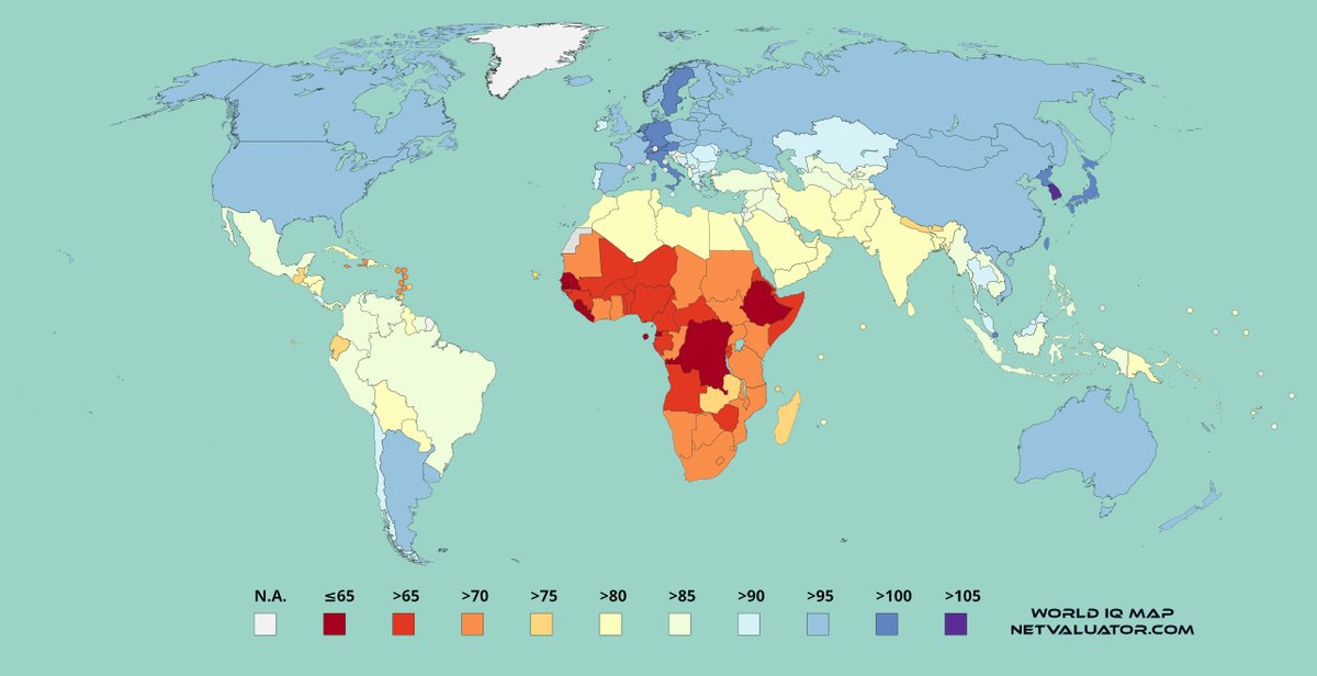 NetValuator's tweet photo. IQ World Map by Richard Lynn and Tatu Vanhanen.

While the dataset is frequently cited, many scholars recommend treating cross-country IQ rankings cautiously rather than as definitive measurements. https://t.co/bvR38zOUxy