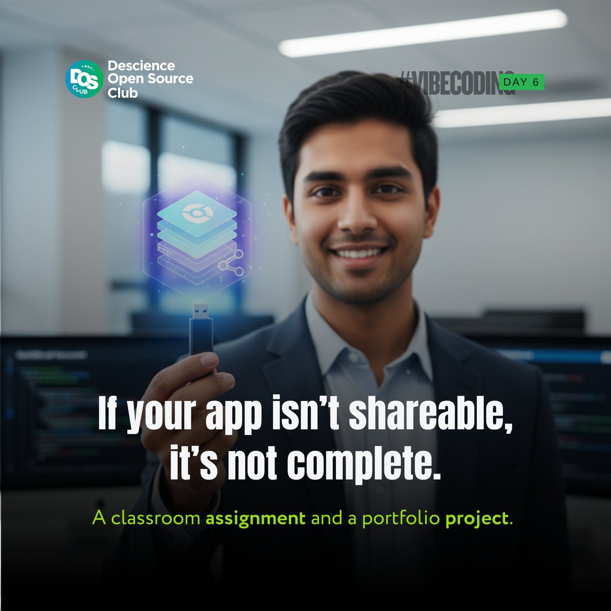 descienceosclub's tweet image. “If your app isn’t shareable, it’s not complete.”  A project isn’t done until it can be shared and reused.

A 2023 GitHub survey showed 𝟲𝟬% 𝗼𝗳 𝗷𝘂𝗻𝗶𝗼𝗿 𝗱𝗲𝘃𝘀 rely on AI tools for debugging and packaging

#StudentCoders #VibeCoding #DOSclub