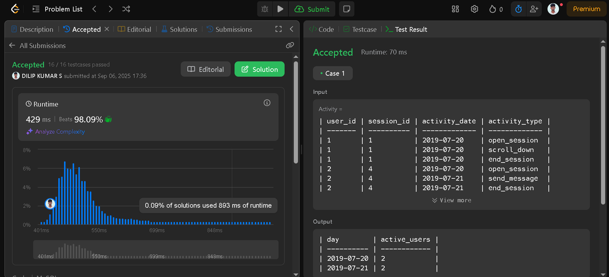DilipKumar2410's tweet image. Solved today in SQL: User Activity for the past 30 Days I                         
Every query executed is a step closer to cleaner data and stronger logic.                        
#SQL #Database #100DaysOfSQL #DataSkills #LeetCode