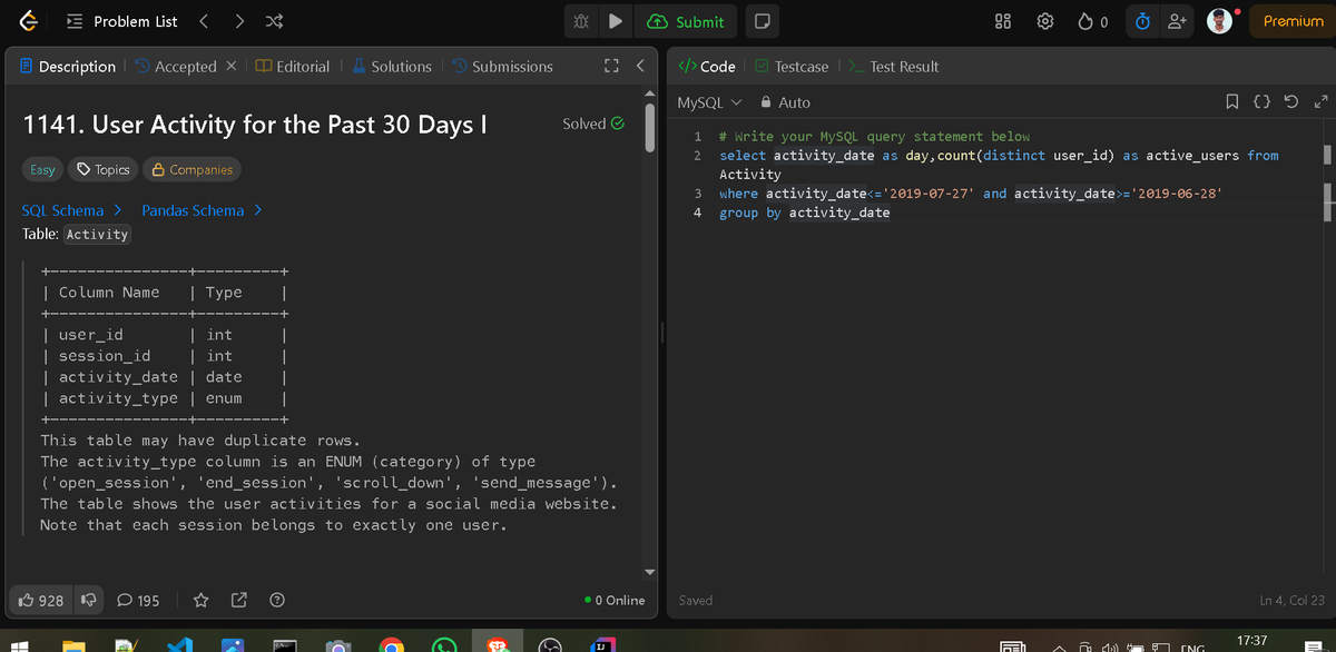 DilipKumar2410's tweet image. Solved today in SQL: User Activity for the past 30 Days I                         
Every query executed is a step closer to cleaner data and stronger logic.                        
#SQL #Database #100DaysOfSQL #DataSkills #LeetCode