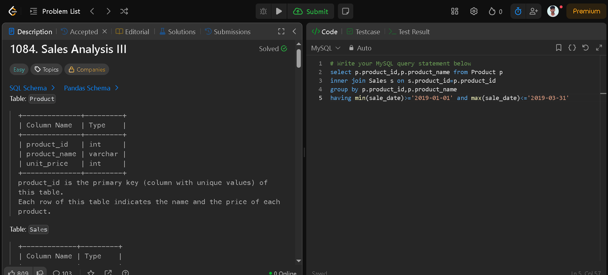 DilipKumar2410's tweet image. Solved today in SQL: Sales Analysis III                           
Every query executed is a step closer to cleaner data and stronger logic.                         
#SQL #Database #100DaysOfSQL #DataSkills #LeetCode