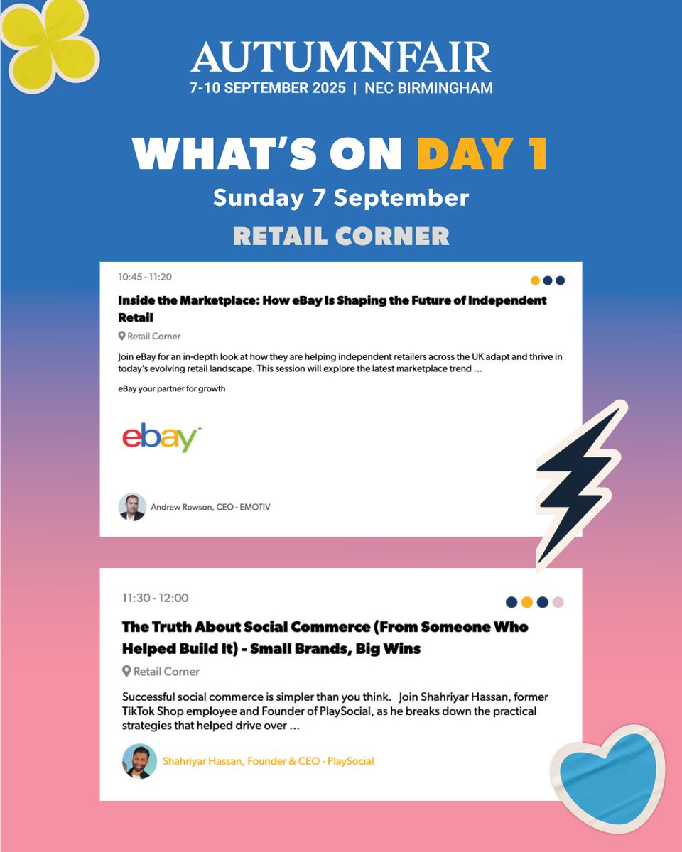 SpringAutFair's tweet image. What's on Day One!
We've got a jam-packed schedule to kick off day one of Autumn Fair tomorrow - these are the sessions you don't want to miss!
📍 Retail Corner
What's on your list?
See the full agenda: eu1.hubs.ly/H0mSHmL0
#AutumnFair #AutumnFair2025