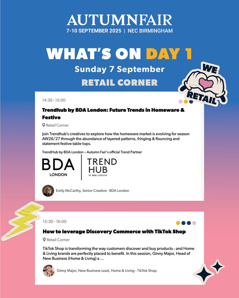 SpringAutFair's tweet image. What's on Day One!
We've got a jam-packed schedule to kick off day one of Autumn Fair tomorrow - these are the sessions you don't want to miss!
📍 Retail Corner
What's on your list?
See the full agenda: eu1.hubs.ly/H0mSHmL0
#AutumnFair #AutumnFair2025
