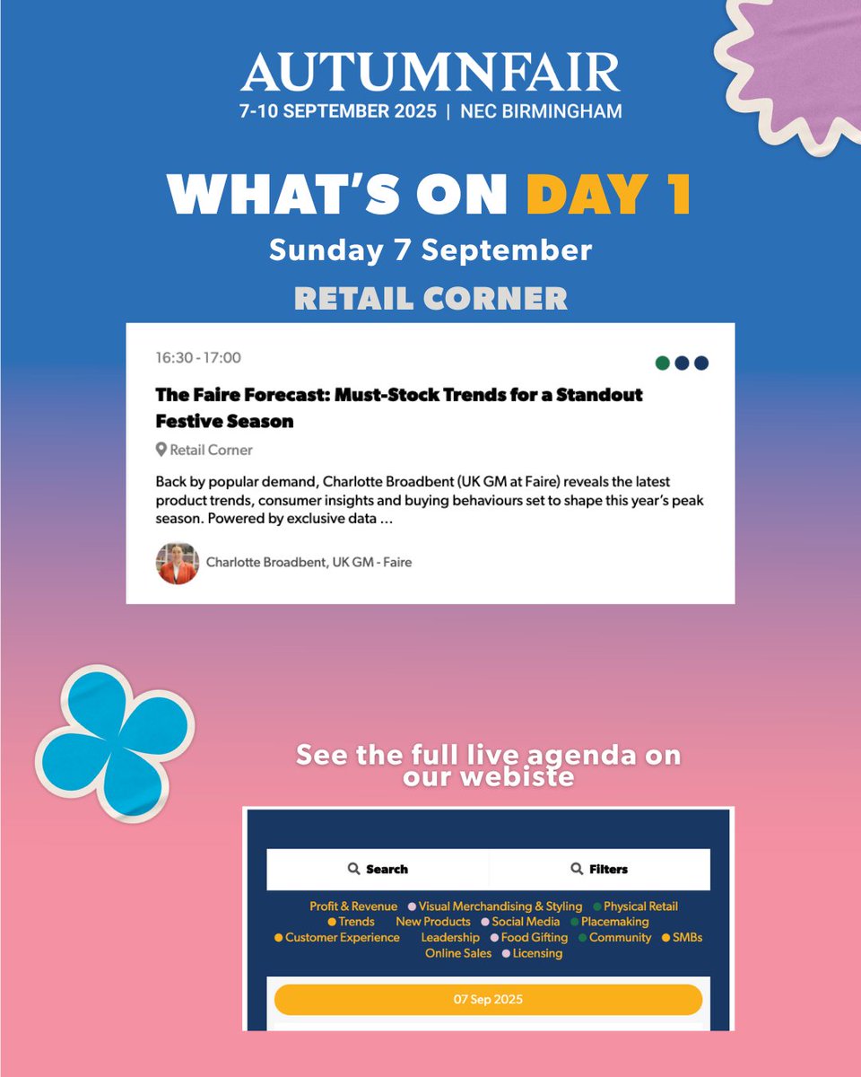 SpringAutFair's tweet image. What's on Day One!
We've got a jam-packed schedule to kick off day one of Autumn Fair tomorrow - these are the sessions you don't want to miss!
📍 Retail Corner
What's on your list?
See the full agenda: eu1.hubs.ly/H0mSHmL0
#AutumnFair #AutumnFair2025