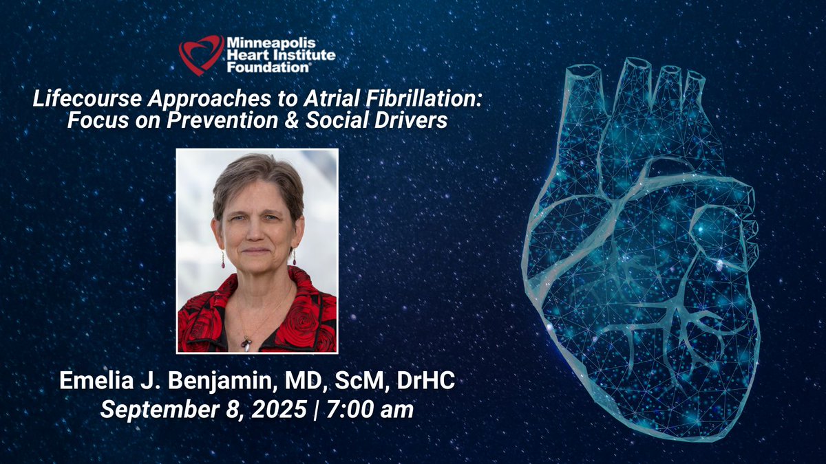 Next week, our #CV Grand Rounds series kicks off with a presentation by Dr. <a href="/EmeliaBenjamin/">Emelia J. Benjamin</a>, titled "Lifecourse Approaches to Atrial Fibrillation: Focus on Prevention &amp; Social Drivers." 🩺 Access additional details &amp; the webinar link here: buff.ly/4nIeyr0