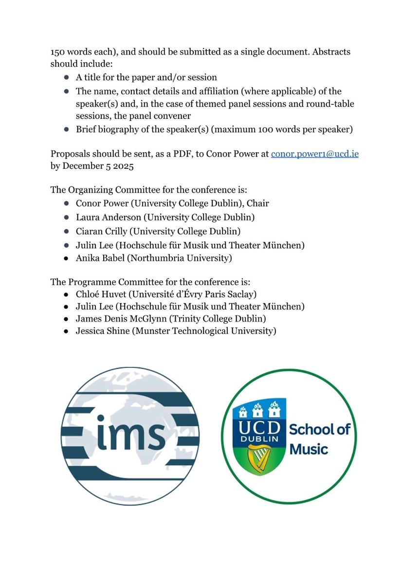 After attending/presenting at previous iterations of the IMS Music &amp; Media Study Group’s annual conference, how wonderful to have it come to us in Dublin

🗓️ June 11–12, 2026
📍 <a href="/UCDSchoolMusic/">UCD School of Music</a>
⏰ Deadline: Dec 5

Thrilled to be on the programme committee for this exciting event