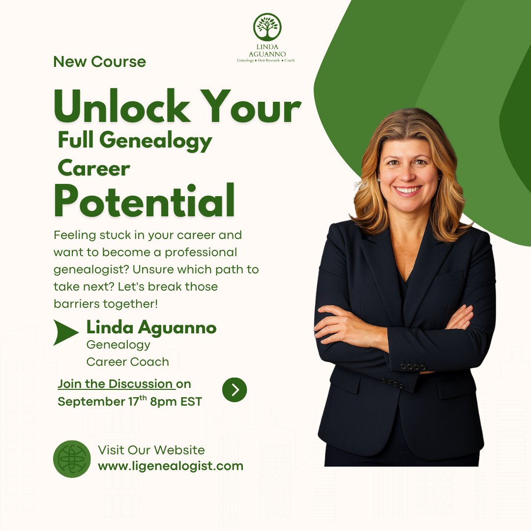 Turn your passion for family history into a profession! 🌿
September 17th 8pm EST
👉 Reserve your spot today and take the first step toward becoming a professional genealogist!  Link: buy.stripe.com/eVqdR93bW1zQh2…