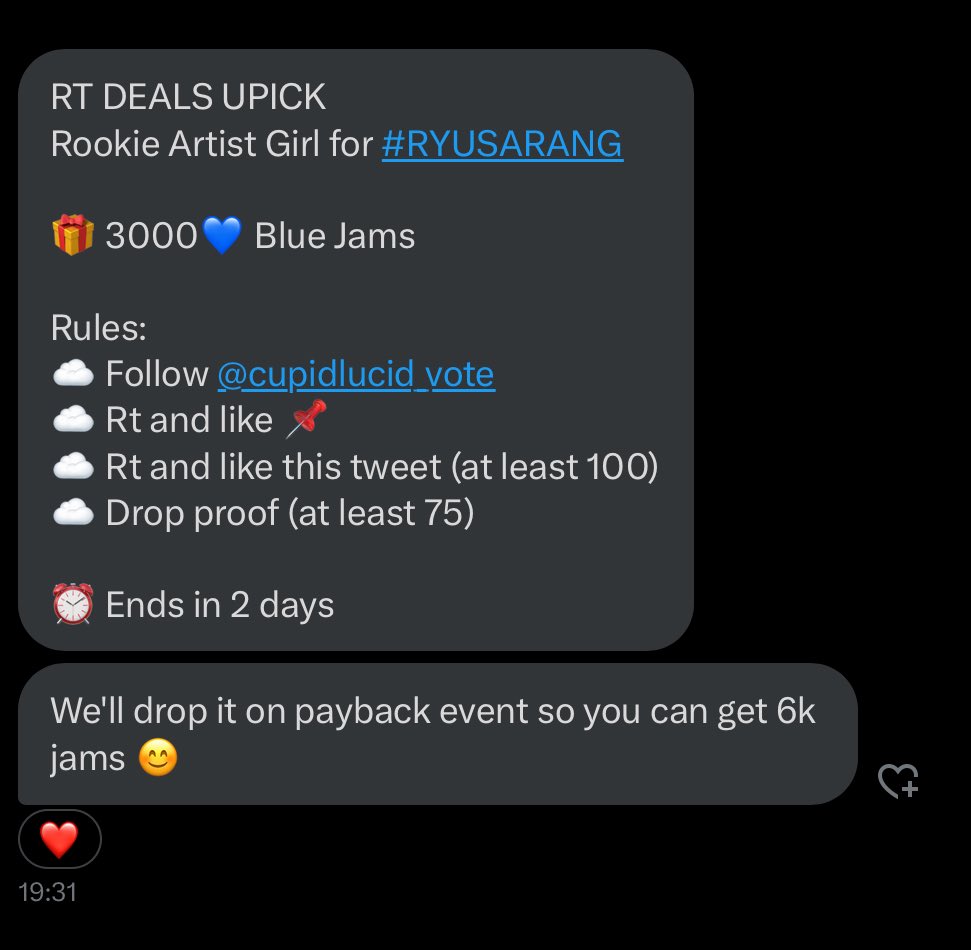 [250906] RT DEAL 

🗳 September Rookie Artist Girl 

🏆 3000 💙 (Seller will drop it during Payback event so we can get 6000 💙)

RULES:
- Follow <a href="/cupidlucid_vote/">Lucid Sell Vote</a> 
- Like and rt <a href="/cupidlucid_vote/">Lucid Sell Vote</a>  pinned 📌
- Like and rt this tweet (min 100)
 - Drop proofs (min 75) 

⏰️ 2 days