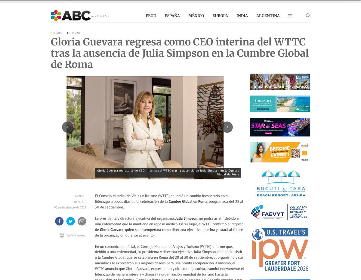 ABCMundial's tweet photo. 📢 Gloria Guevara regresa como CEO interina del WTTC tras la ausencia de Julia Simpson en la Cumbre Global de Roma
#WTTC #GloriaGuevara #JuliaSimpson
@WTTC
https://t.co/gqzfvKDAvP https://t.co/xfPOsjX2KO