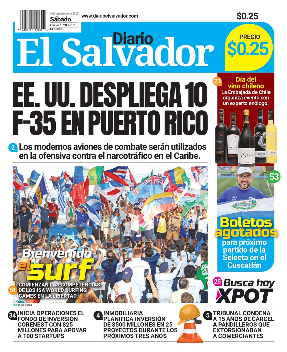 Buenos días, esta es la portada de #DiarioElSalvador de este sábado, 6 de septiembre de 2025. #DiarioES