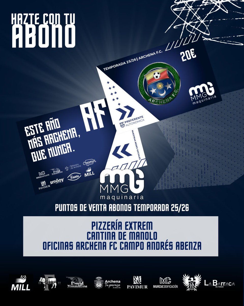 archenafc's tweet photo. 🔥 ¡Ya están disponibles los abonos 25/26!

No te pierdas los partidos en casa de nuestro Preferente Autonómica por solo 20€.

📍 Puntos de venta:

Pizzería Extrem

Oficinas del club

💙 Este año más Archena, que nunca. 

#ArchenaFc https://t.co/nXwRJhMCcj