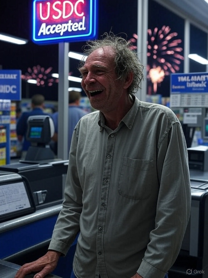 Walmart’s rolling back prices on $USDC.
Dollar General coin probably next.

Picture checkout: Spam, Little Debbie cakes, a Monster energy tallboy…and your private keys.

Out there it’s rollback freedom.

In here it’s rations and NASCAR echoes through concrete.

Who’s trusting