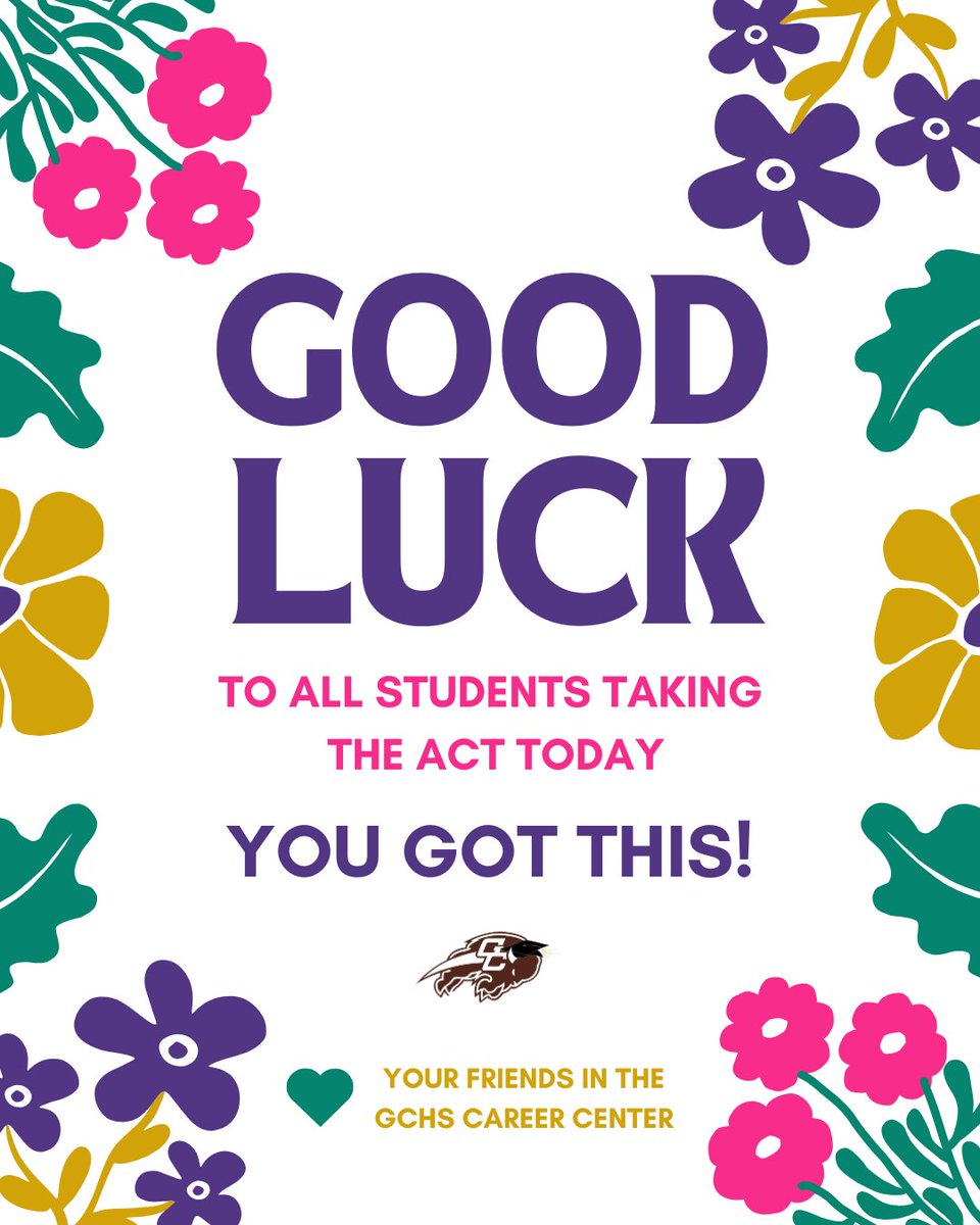 Sending good vibes to the Future-Focused Buffs who are taking the ACT today!

Next National ACT Test Date: October 18
Registration Deadline: September 12

Register and prepare at act.org

#FutureFocusedBuffs #GCHSCareerCenter