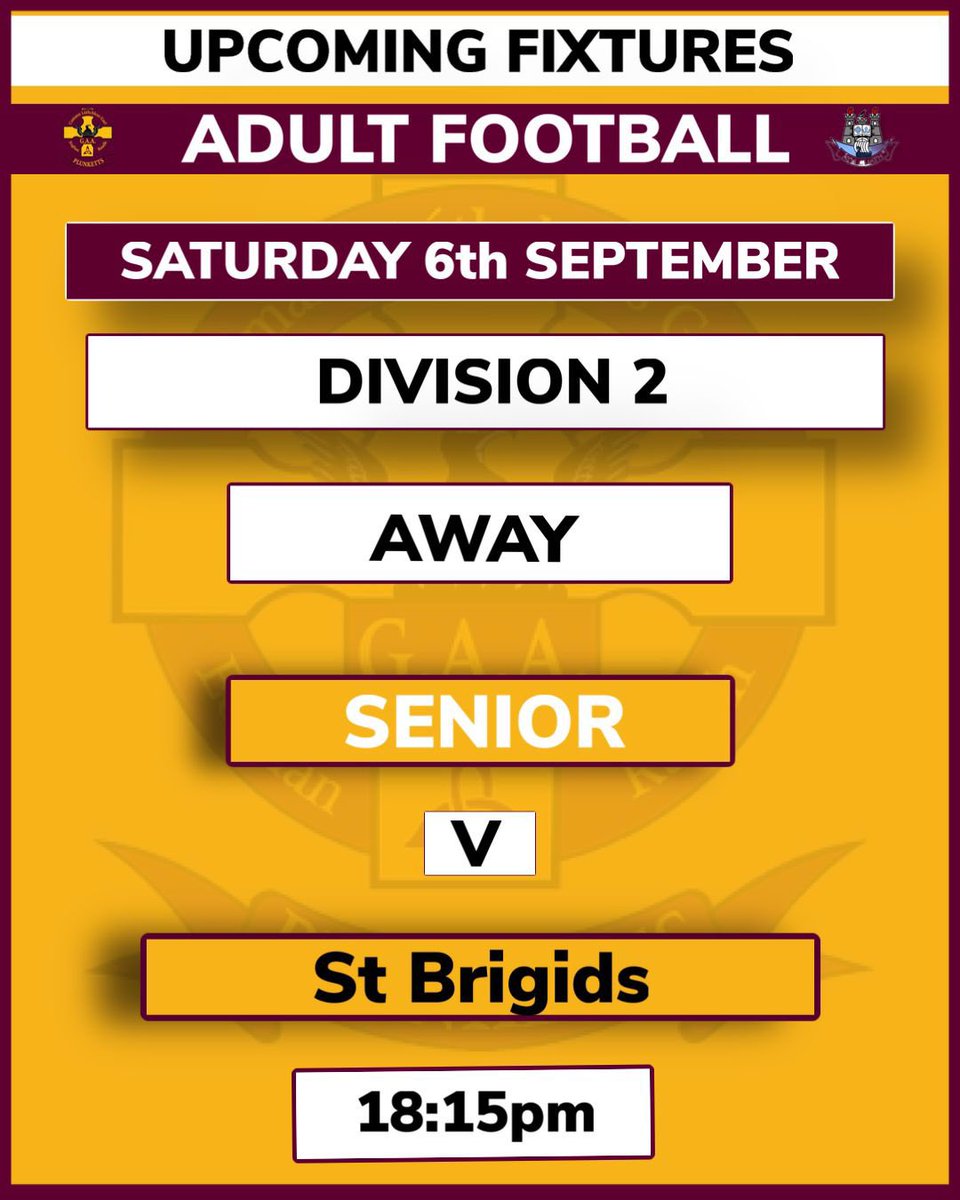 St. Oliver Plunkett Eoghan Ruadh GAA Club (@plunketts_ie) on Twitter photo Senior footballers are playing their second championship game in Russell Park this evening.
AFC2
📅 Saturday, Sept 6th
🆚 <a href="/StBrigidsGAA/">St. Brigid's GAA</a>
🕕 18:15
📍 Russell Park
The players & mgr would really appreciate your support. 👏👏
Plunketts Abú ♥️💛 Senior footballers are playing their second championship game in Russell Park this evening.
AFC2
📅 Saturday, Sept 6th
🆚 <a href="/StBrigidsGAA/">St. Brigid's GAA</a>
🕕 18:15
📍 Russell Park
The players & mgr would really appreciate your support. 👏👏
Plunketts Abú ♥️💛