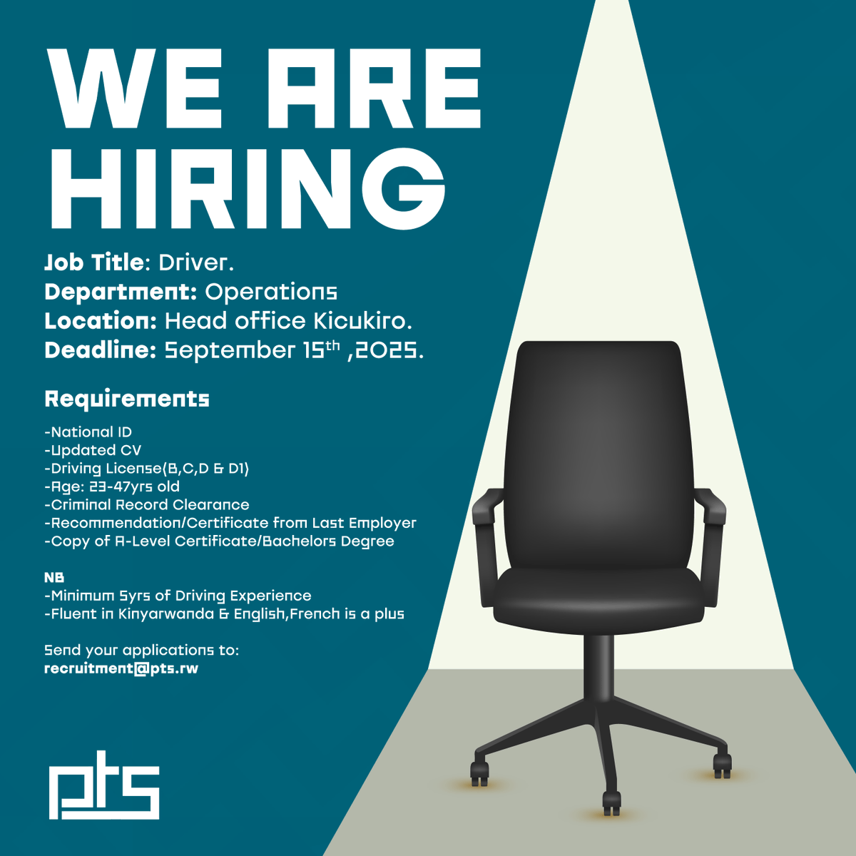 PTS_Rwanda's tweet photo. Send your applications to: recruitment@pts.rw https://t.co/EA78L53agw