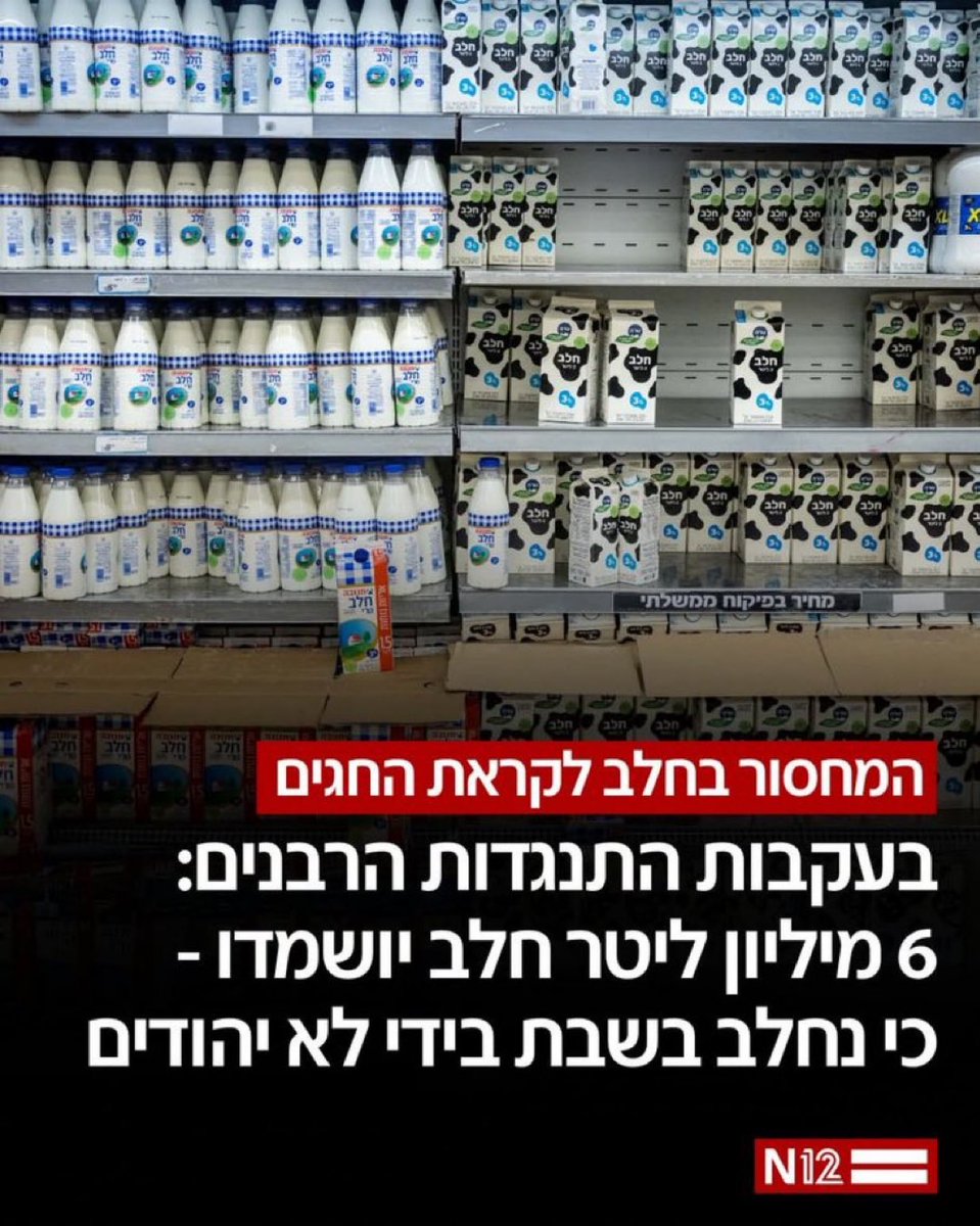 💥Real headline: "6 million liters of milk will be destroyed on rabbis' orders because it was milked on the Sabbath by non-Jews."

The State of Israel has been transformed by Benjamin Netanyahu into a deranged, extremist, theocratic mass psychosis.