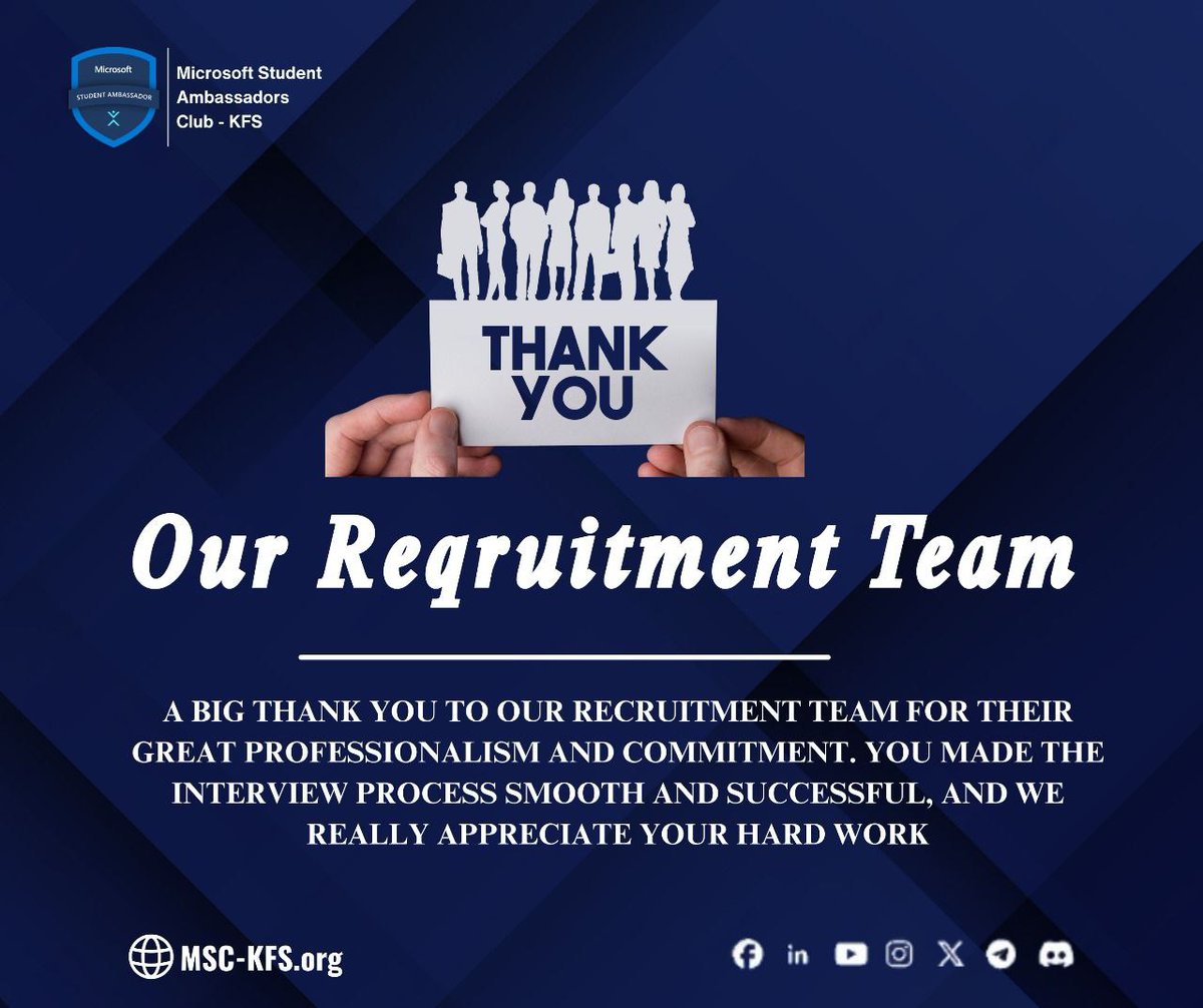 مش كل مجهود بيتشاف… لكن كل مجهود بيتقدّر.

حابين نوجّه شكر كبير لفريق الـ Recruitment على مجهودهم وتفانيهم الفترة اللي فاتت.
دعمكم والتزامكم كان له أثر واضح في نجاح الفريق وتقدّمنا خطوة بخطوة للأمام.
Discover more:
🌐 MSC-KFS.org
#MSC_KFS #MicrosoftStudentAmbassadors