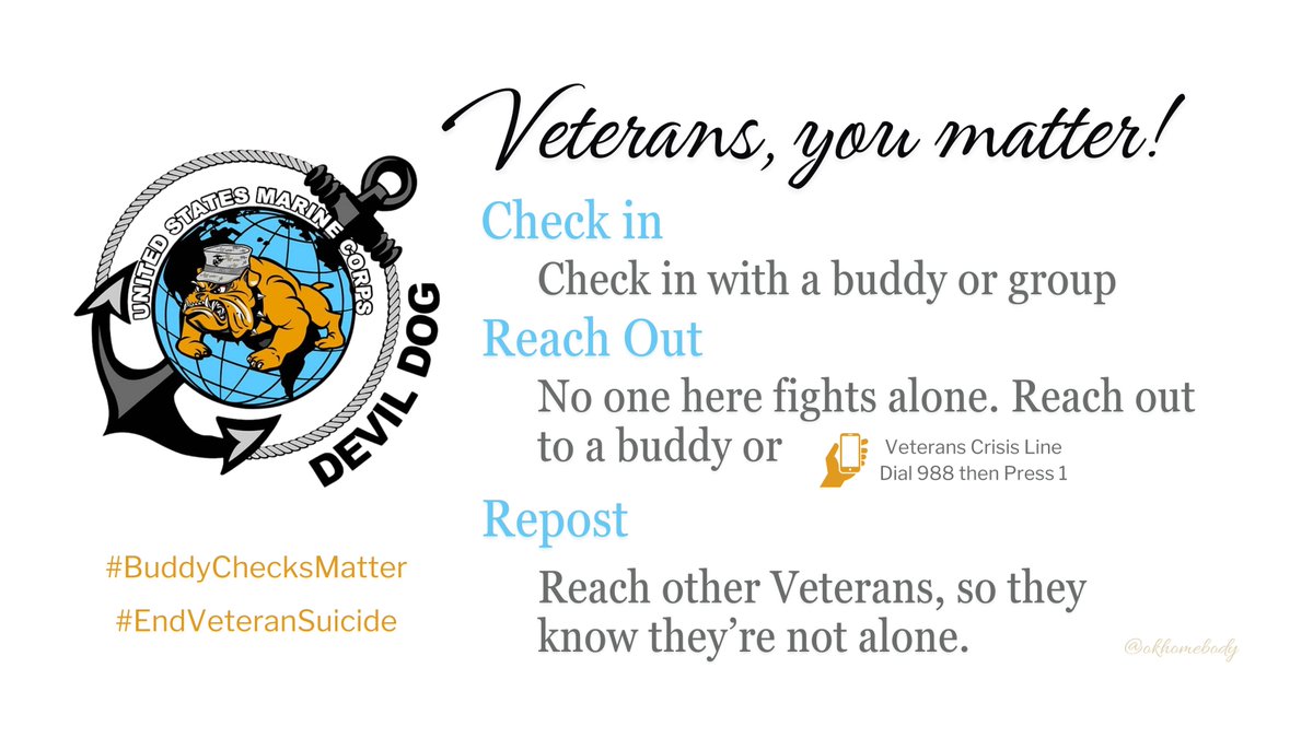 🇺🇸Saturday✅VETERAN #BuddyChecks✅RH 🇺🇸
Good morning, family. Buddy Checks don’t stop on weekends because YOU MATTER. Don’t hesitate to reach out to friends &amp; family, any of the buddies here, or dial 988 &amp; press 1. You are worth it. I love all y’all! ❤️🤍💙
⭐️Veterans Lives