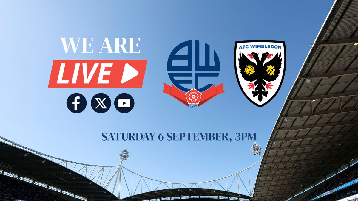 Bolton Wanderers (@officialbwfc) on Twitter photo 🎬 Matchday live with <a href="/derekclarksport/">Derek Clark</a> and <a href="/JohnMcGinlay10/">John McGinlay</a>!
Tune in live on X, Facebook or YouTube from 2pm for some pre-match build up, with Kyle Dempsey joining the lads for a chat 📺
#bwfc 🎬 Matchday live with <a href="/derekclarksport/">Derek Clark</a> and <a href="/JohnMcGinlay10/">John McGinlay</a>!
Tune in live on X, Facebook or YouTube from 2pm for some pre-match build up, with Kyle Dempsey joining the lads for a chat 📺
#bwfc