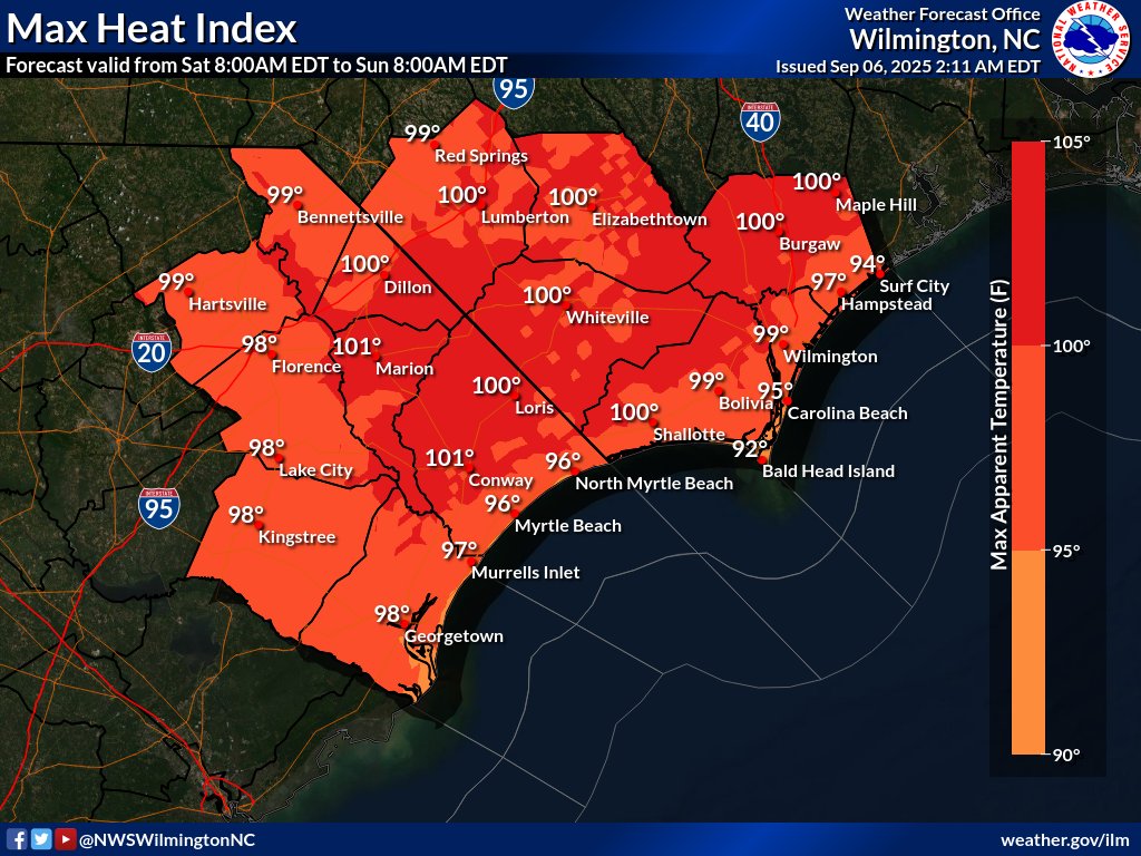 🌀Certainly a different scene this AM compared to 29 years ago after the last major (Cat 3+) hurricane to strike the area occurred! Share your stories!
💻weather.gov/ilm/HurricaneF…

🌡️For today, warm one w/ heat indices near 100 degrees.
💻weather.gov/ilm/heat

#ncwx #ilmwx #Fran