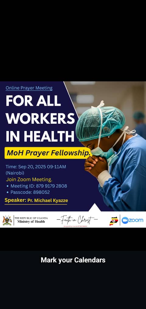The <a href="/MinofHealthUG/">Ministry of Health- Uganda</a>  invites all health workers to a Prayer Fellowship on Saturday, 20th September 2025, from 9:00 AM to 11:00 AM. Let us come together to pray for the works of the Ministry and for one another. All are welcome #MOHatwork #MOHDelivers 
<a href="/DianaAtwine/">Dr. Diana Atwine</a> <a href="/2008gomu/">Musinguzi Goodluck R #KigeziNews #Mohdelivers</a>