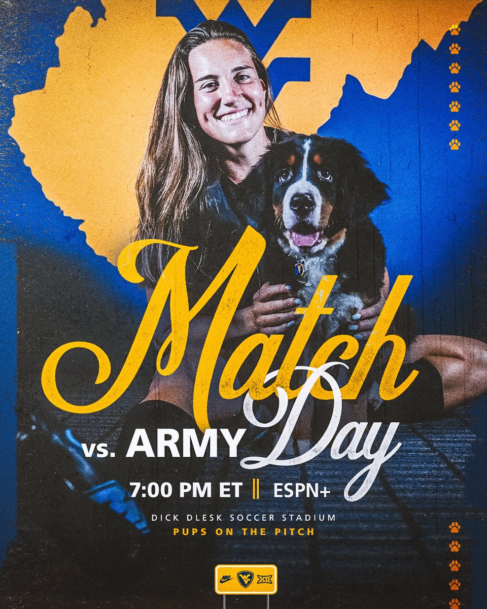 The only thing better than game day is game day with DOGS! 😍🐶

⚽️ vs. Army
📍 Morgantown
🏟️ DDSS
⏰ 7 p.m. ET
📺 ESPN+
📊 tinyurl.com/26qw3mqk 
🎟️ bit.ly/25wsocsinglega…
🐾 Pups on the Pitch
🌟 Pet ID Tag Giveaway

#HailWV