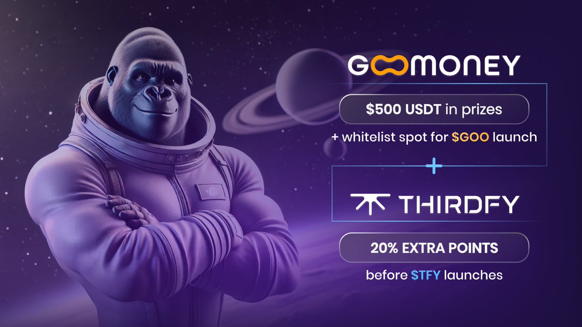 Weekend with crypto rewards!

✨ Join the <a href="/GooMoneyfi/">GooMoney</a> Whitelist Quest to lock your spot and grab a share of the 500 USDT prize pool!
👉 apebond.click/goo_quest

🔥 Trade, add liquidity, or invite friends and earn 20% extra points before $TFY launches!  
👉 thirdfy.com/@apebond