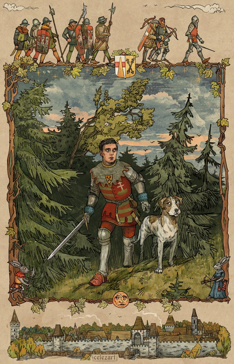 Tapestry I drew for kcd fanzine. It was a lot of work, TBH I so rarely do ornaments and spent some hours figuring out how to draw that leaf vignette.
Here's the one of those moments when Henry with Mutt just wandered throught deep forest and came out to new adventures...
#kcd2