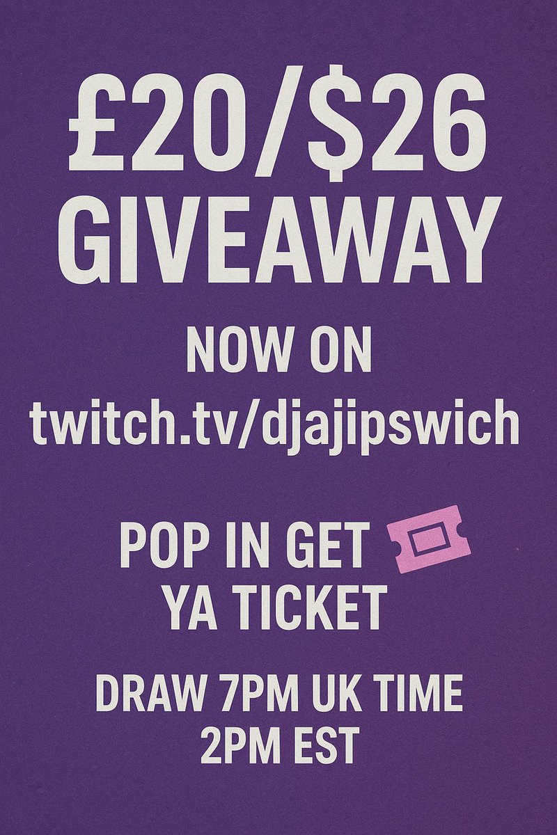 Twitch Streamer giveaway today 

All welcome 🙏 twitch.tv/djajipswich 

#twitch #giveaway