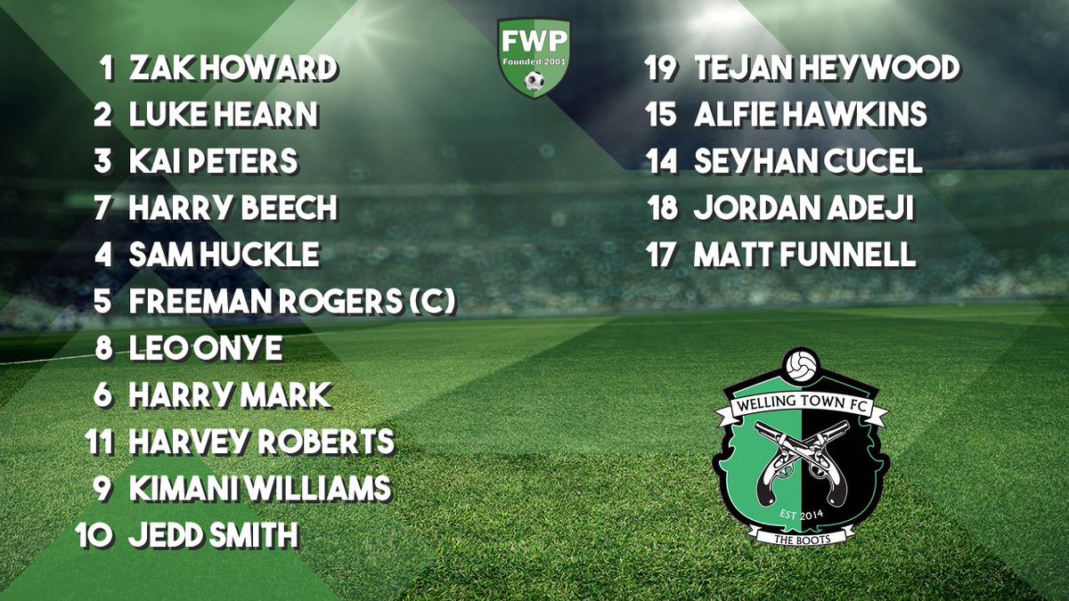 WELLING TOWN: Howard Hearn Peters Beech Huckle Rogers (C) Onye Mark Roberts Williams Smith; SUBS: Heywood Hawkins Cucel Adeji Funnell