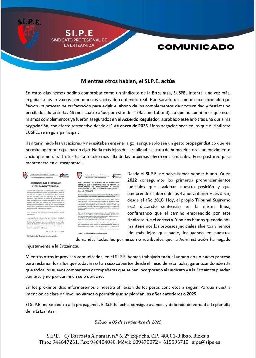 sipertzaintza's tweet image. 🚨 vuelven a vender humo. 

EUSPEL Anuncia lo que el #SiPE ya logró en tribunales y en el Acuerdo Regulador: el pago de nocturnos y festivos en IT desde 2025.
Mientras otros hacen propaganda, nosotros trabajamos para que NO se pierdan los años anteriores.

#Ertzaintza #SiPE
