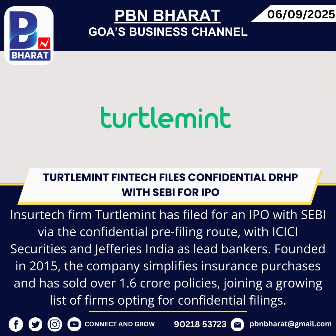 PBNBHARAT's tweet image. Turtlemint Fintech Files Confidential DRHP with SEBI for IPO
#Turtlemint #IPO #SEBI #Fintech #Insurtech #IndianMarkets #StartupIndia #CapitalMarkets #DRHP #Investing